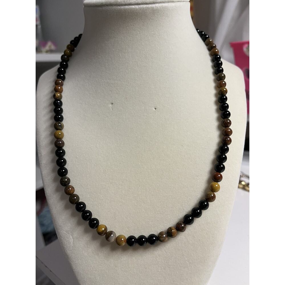 925 Flower Clasp Natural Black Agate Onyx Round Gemstone Beads Necklace 19”